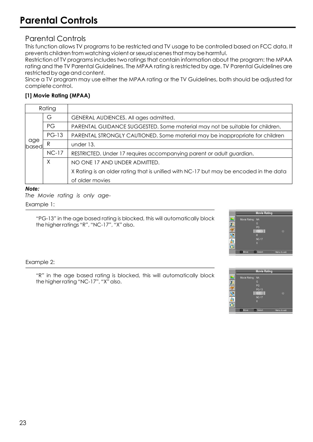 Audiovox FPE1506 manual Parental Controls, Movie Rating Mpaa 