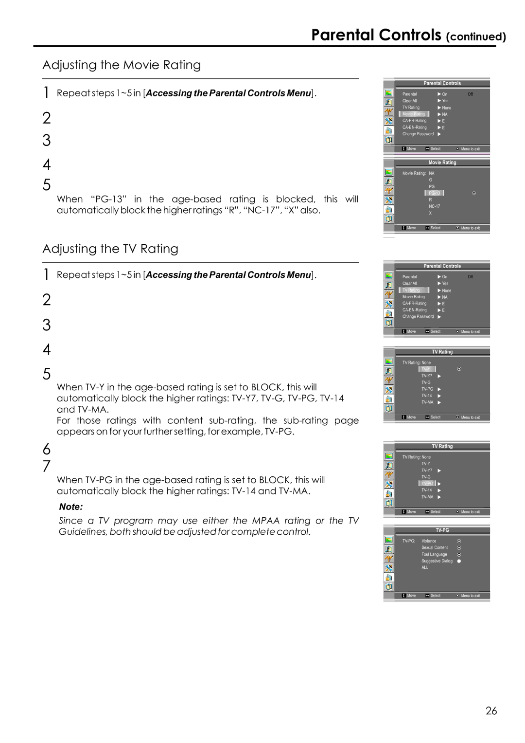 Audiovox FPE1506 manual Adjusting the Movie Rating, Adjusting the TV Rating 