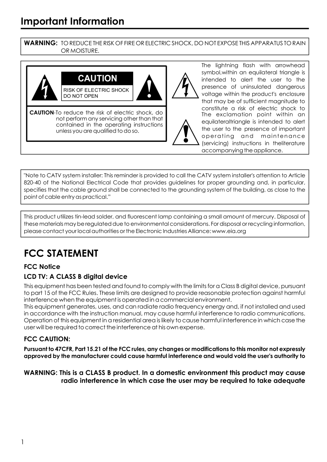 Audiovox FPE1506 manual Important Information, FCC Notice LCD TV a Class B digital device 