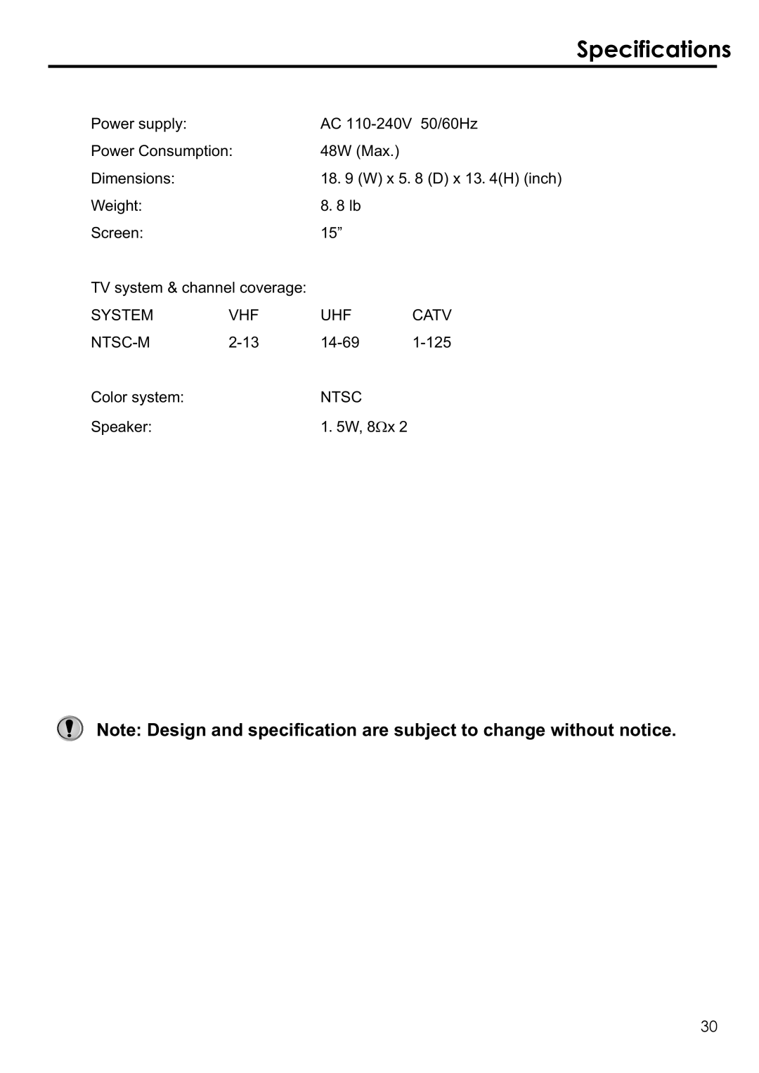 Audiovox FPE1506 manual Specifications 