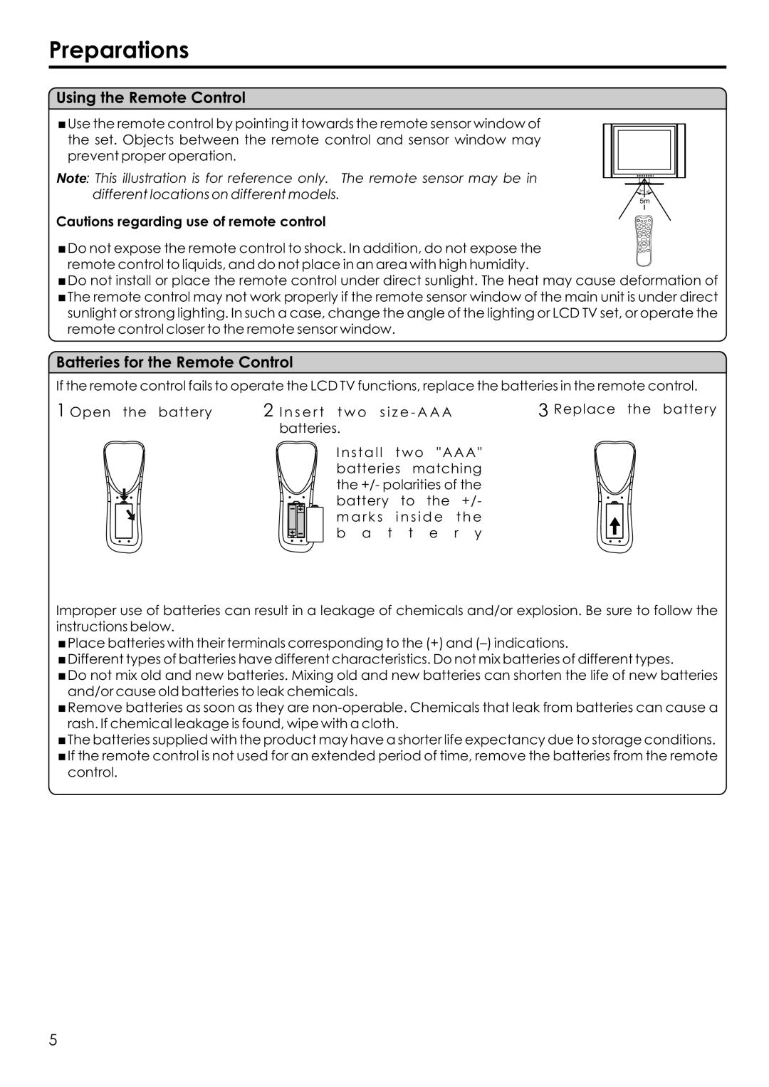 Audiovox FPE1506 manual Preparations, Using the Remote Control, Batteries for the Remote Control 