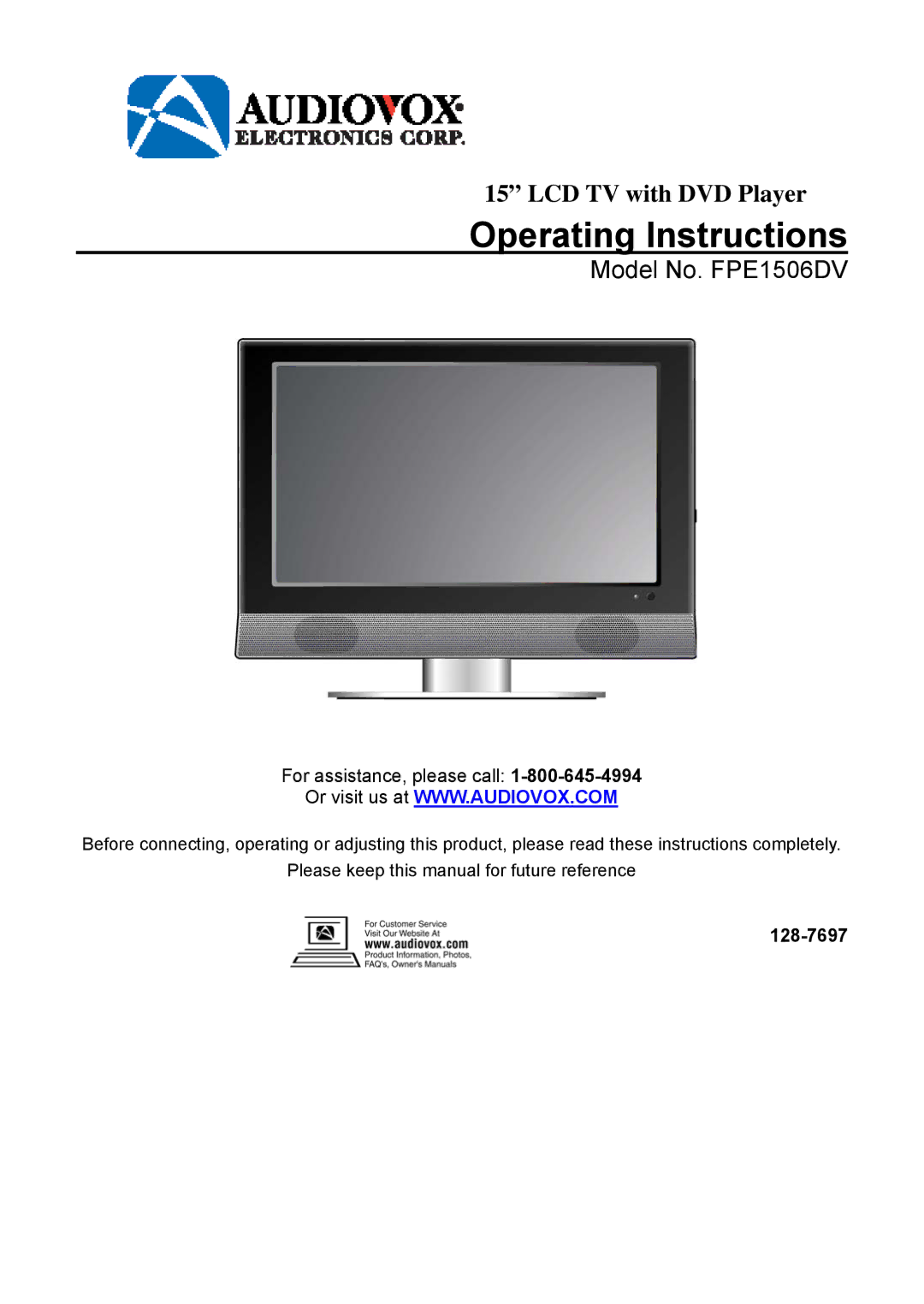 Audiovox FPE1506DV operating instructions Operating Instructions 