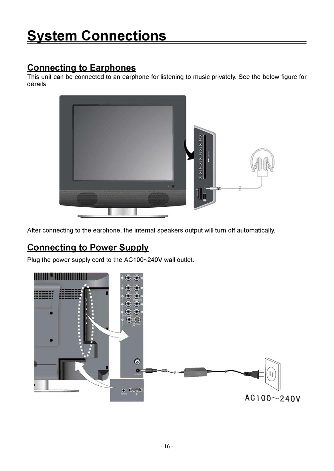 Audiovox FPE1506DV operating instructions Connecting to Earphones, Connecting to Power Supply 