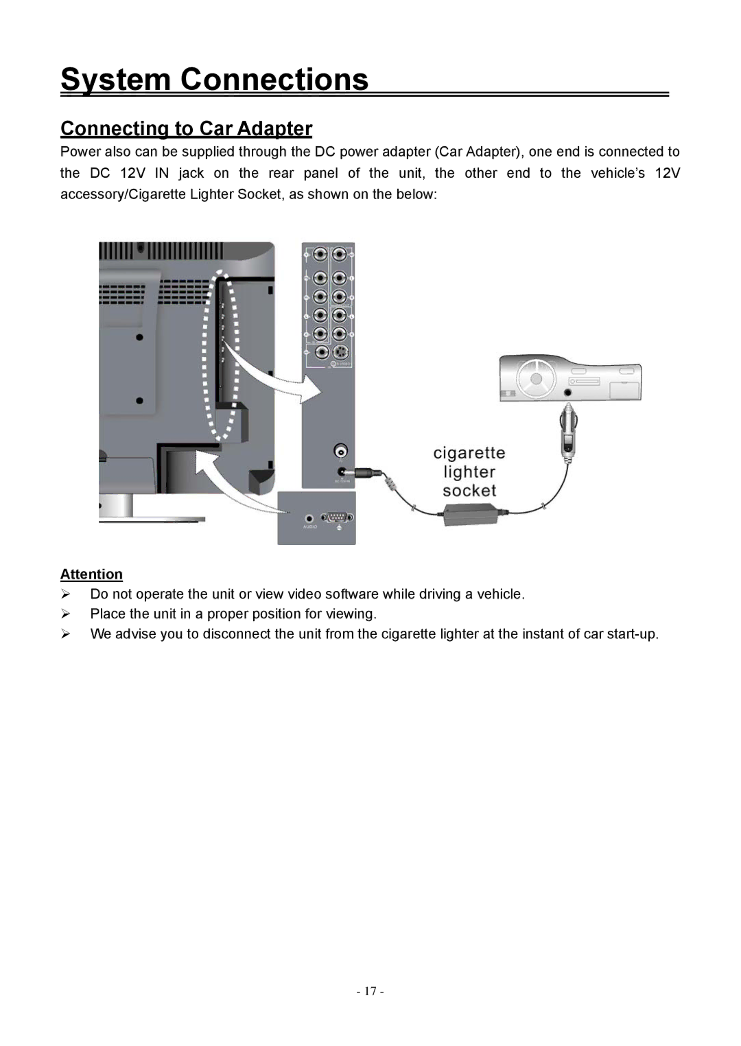 Audiovox FPE1506DV operating instructions Connecting to Car Adapter 