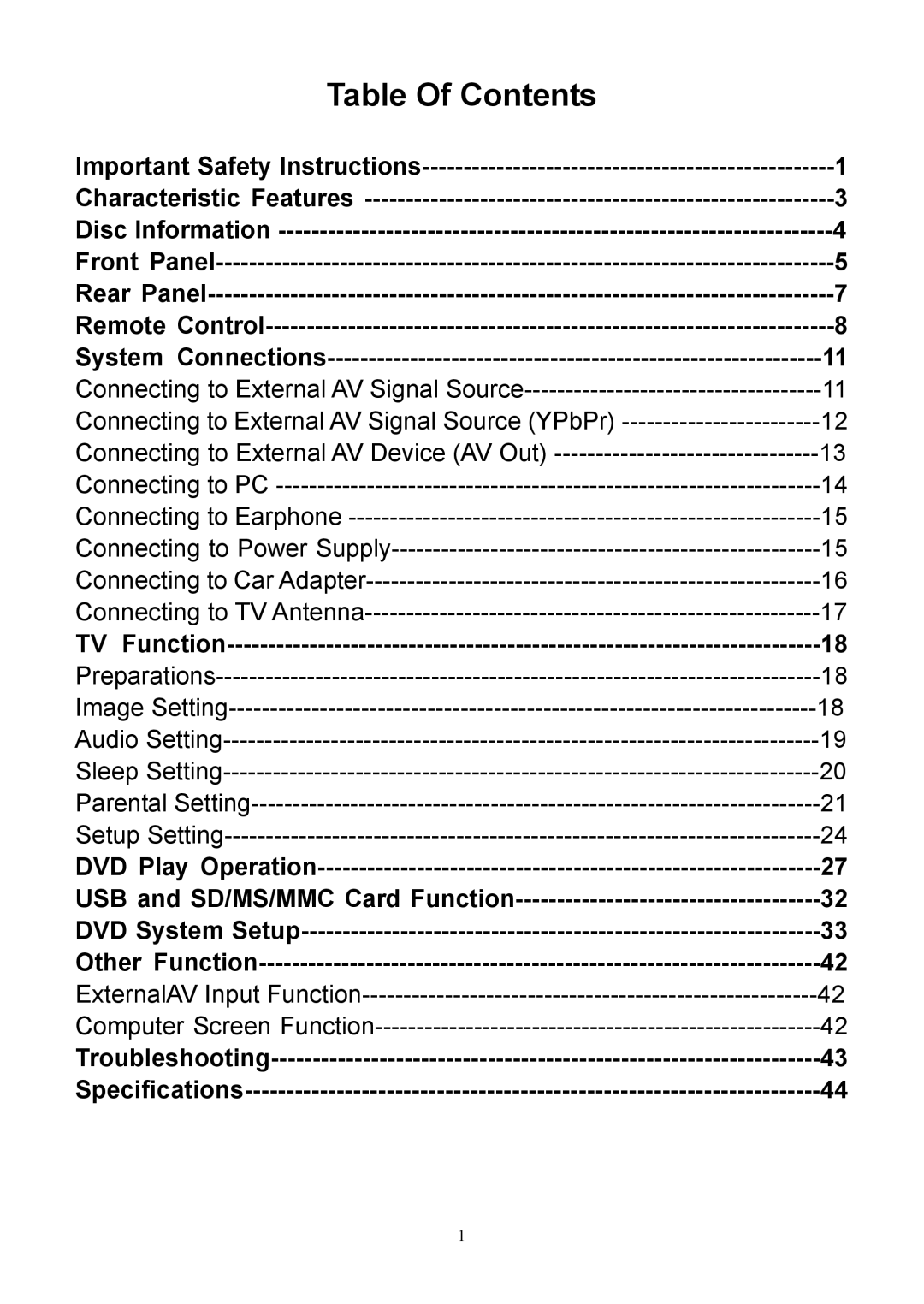 Audiovox FPE1506DV operating instructions Table Of Contents 