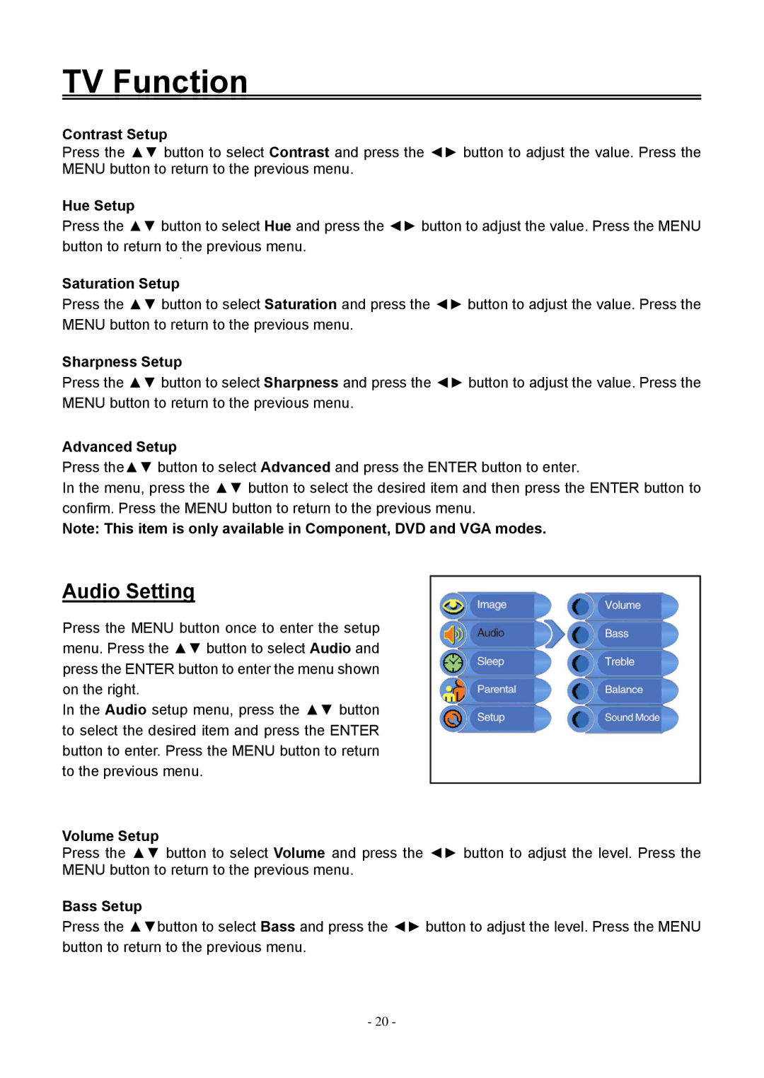 Audiovox FPE1506DV operating instructions Audio Setting 