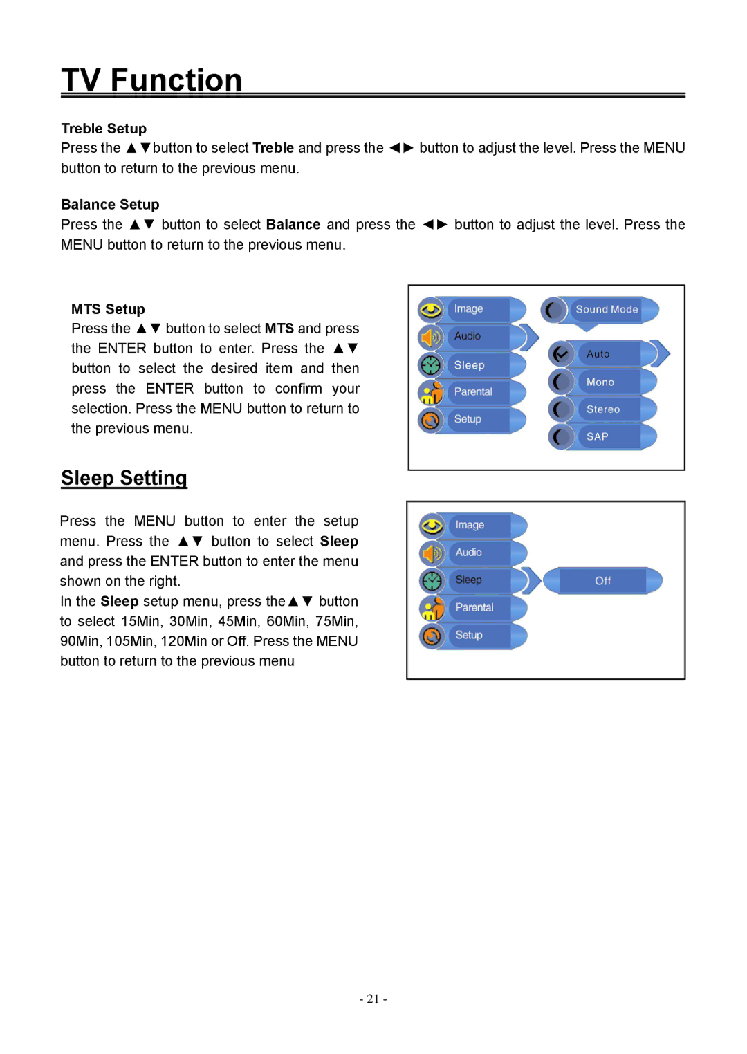 Audiovox FPE1506DV operating instructions Sleep Setting, Treble Setup, Balance Setup, MTS Setup 