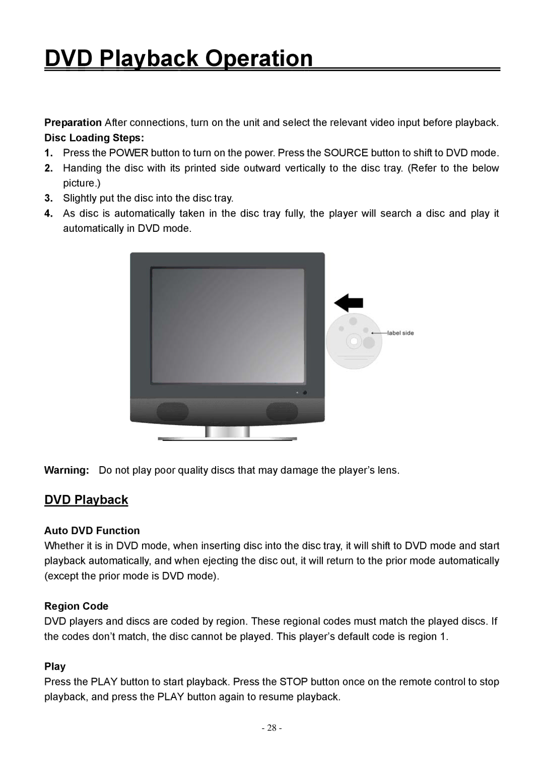 Audiovox FPE1506DV operating instructions DVD Playback Operation, Disc Loading Steps, Auto DVD Function, Region Code 