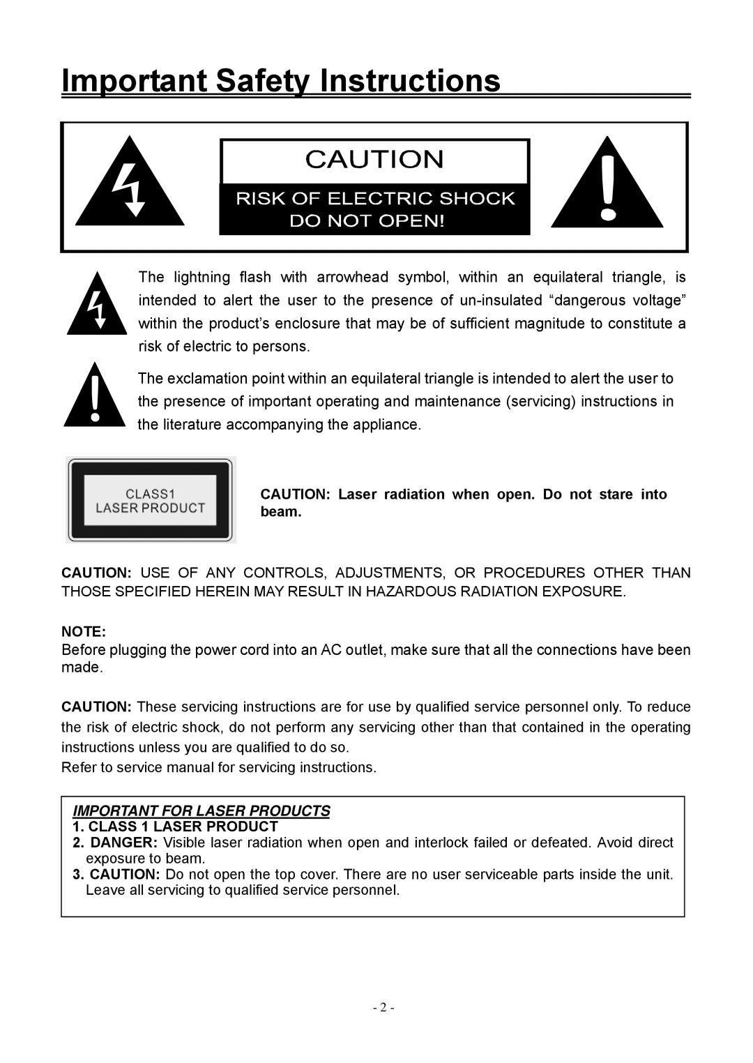 Audiovox FPE1506DV operating instructions Important Safety Instructions 