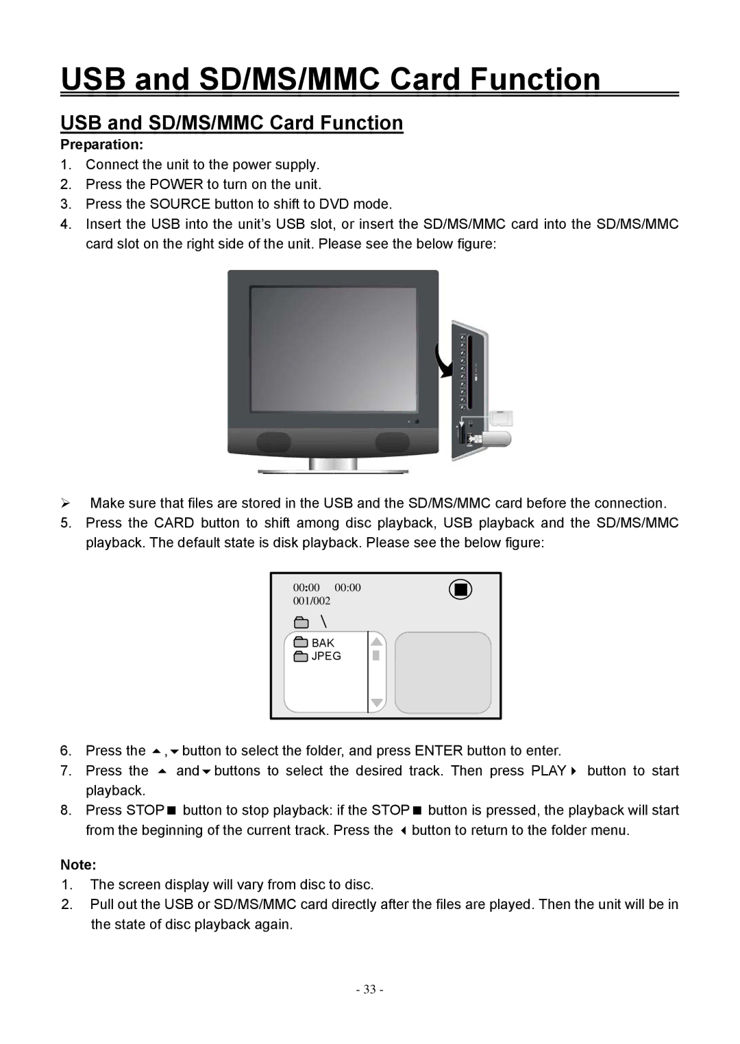 Audiovox FPE1506DV operating instructions USB and SD/MS/MMC Card Function, Preparation 