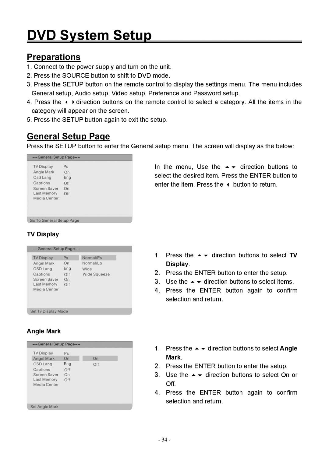 Audiovox FPE1506DV operating instructions DVD System Setup, General Setup 