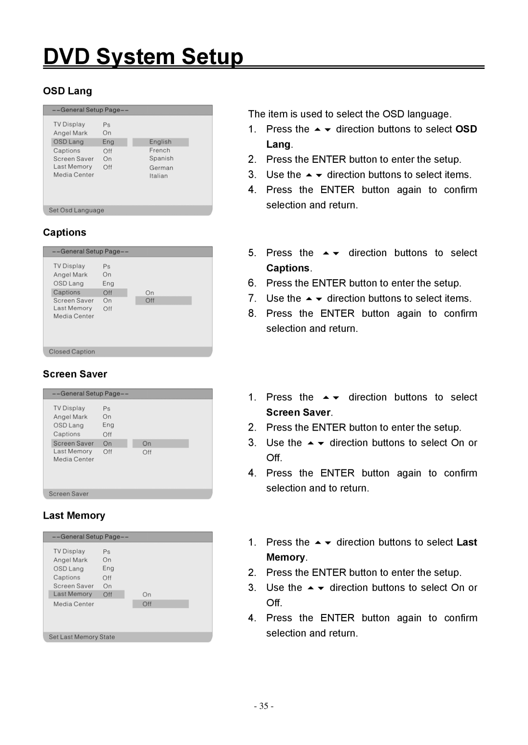 Audiovox FPE1506DV operating instructions OSD Lang, Captions, Screen Saver, Last Memory 