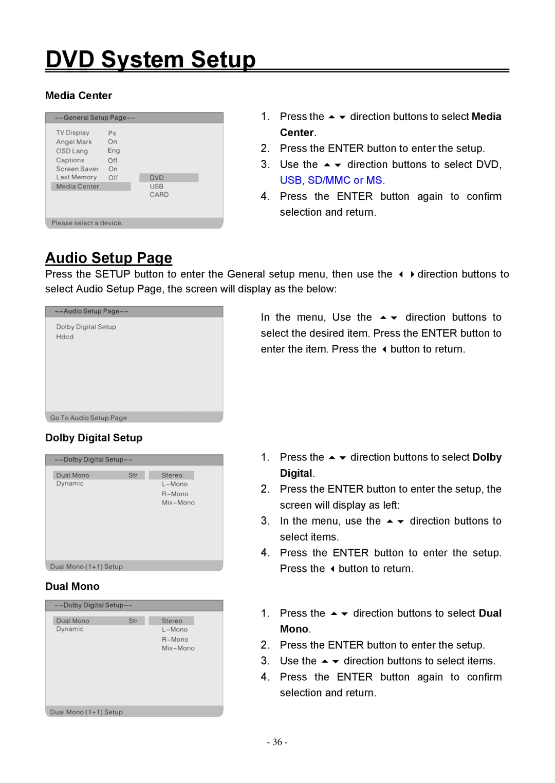 Audiovox FPE1506DV operating instructions Audio Setup 