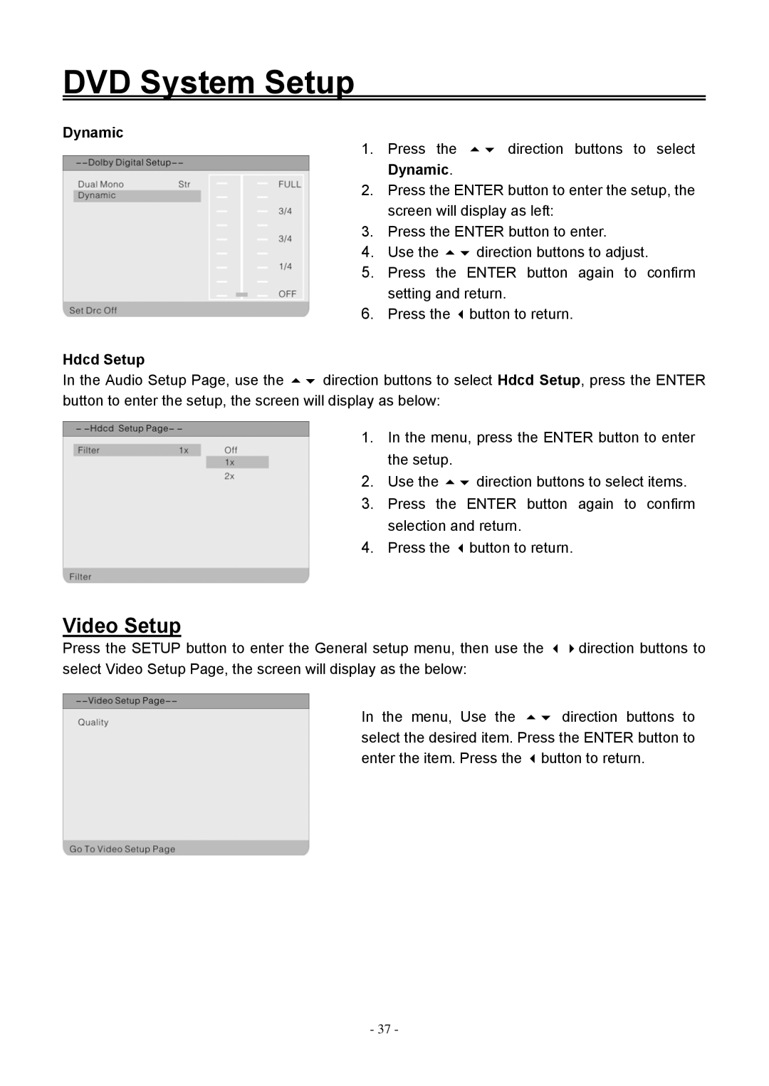 Audiovox FPE1506DV operating instructions Video Setup, Dynamic, Hdcd Setup 