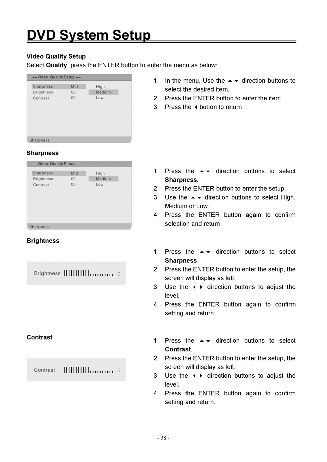 Audiovox FPE1506DV operating instructions Video Quality Setup, Sharpness, Brightness, Contrast 