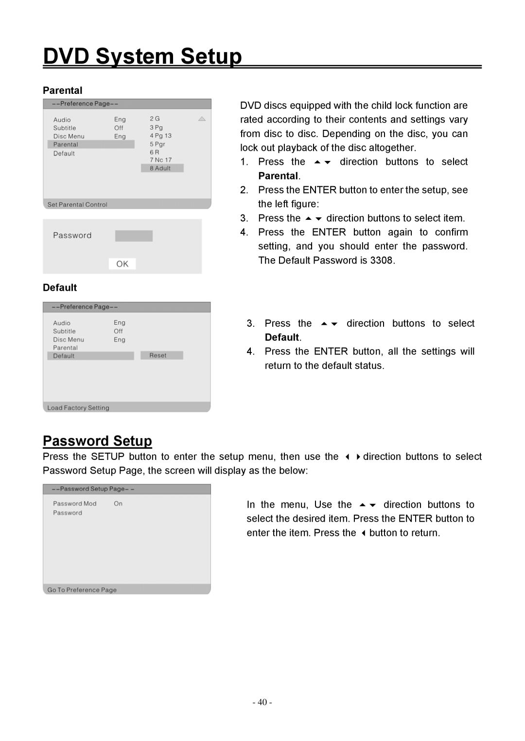 Audiovox FPE1506DV operating instructions Password Setup, Parental, Default 