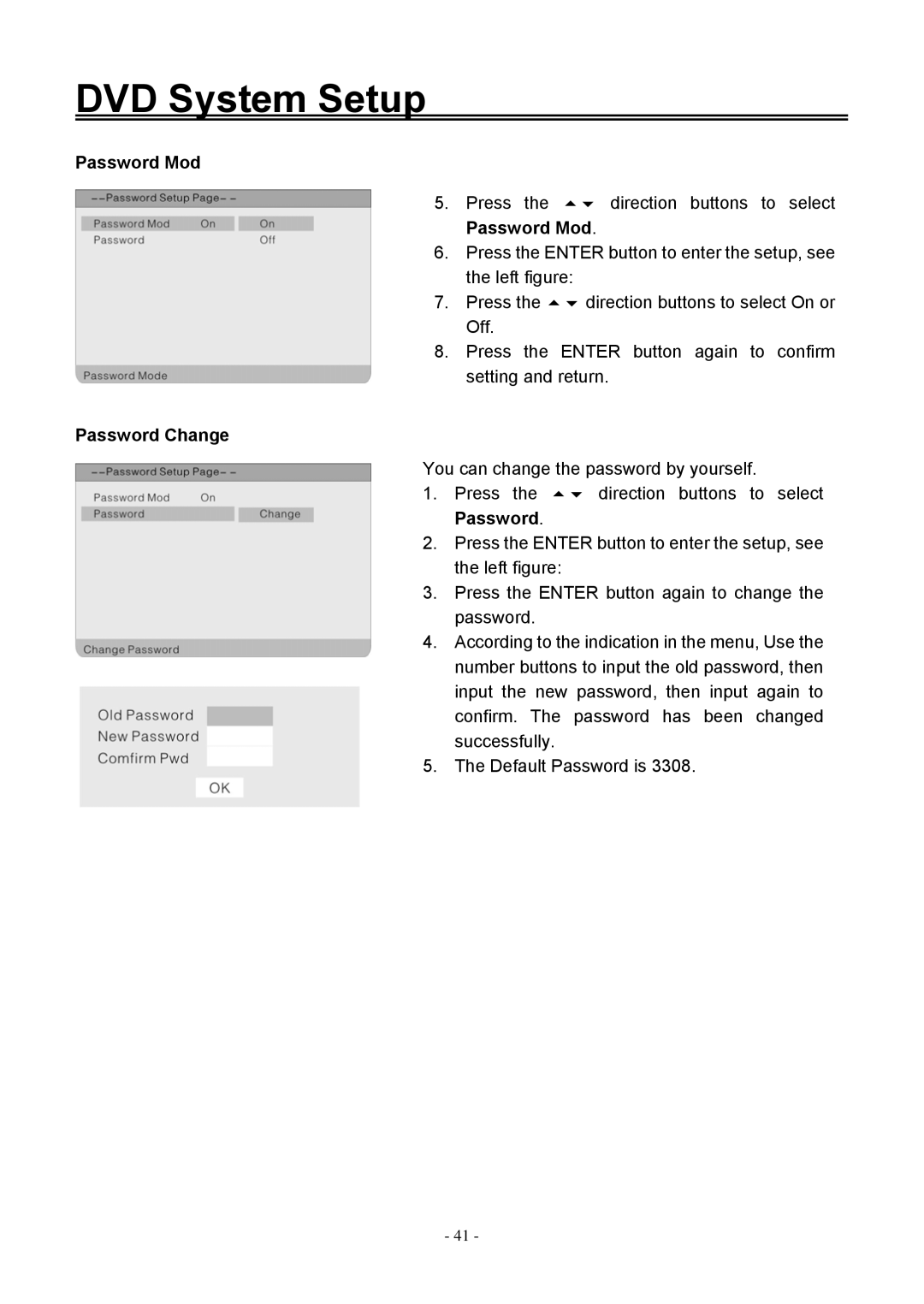 Audiovox FPE1506DV operating instructions Password Mod, Password Change 