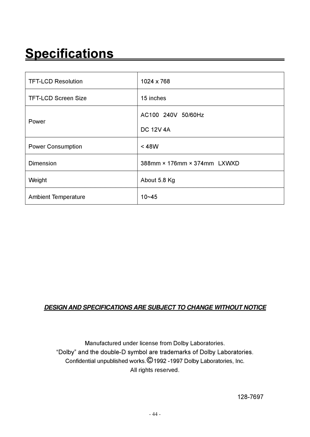 Audiovox FPE1506DV operating instructions Specifications 