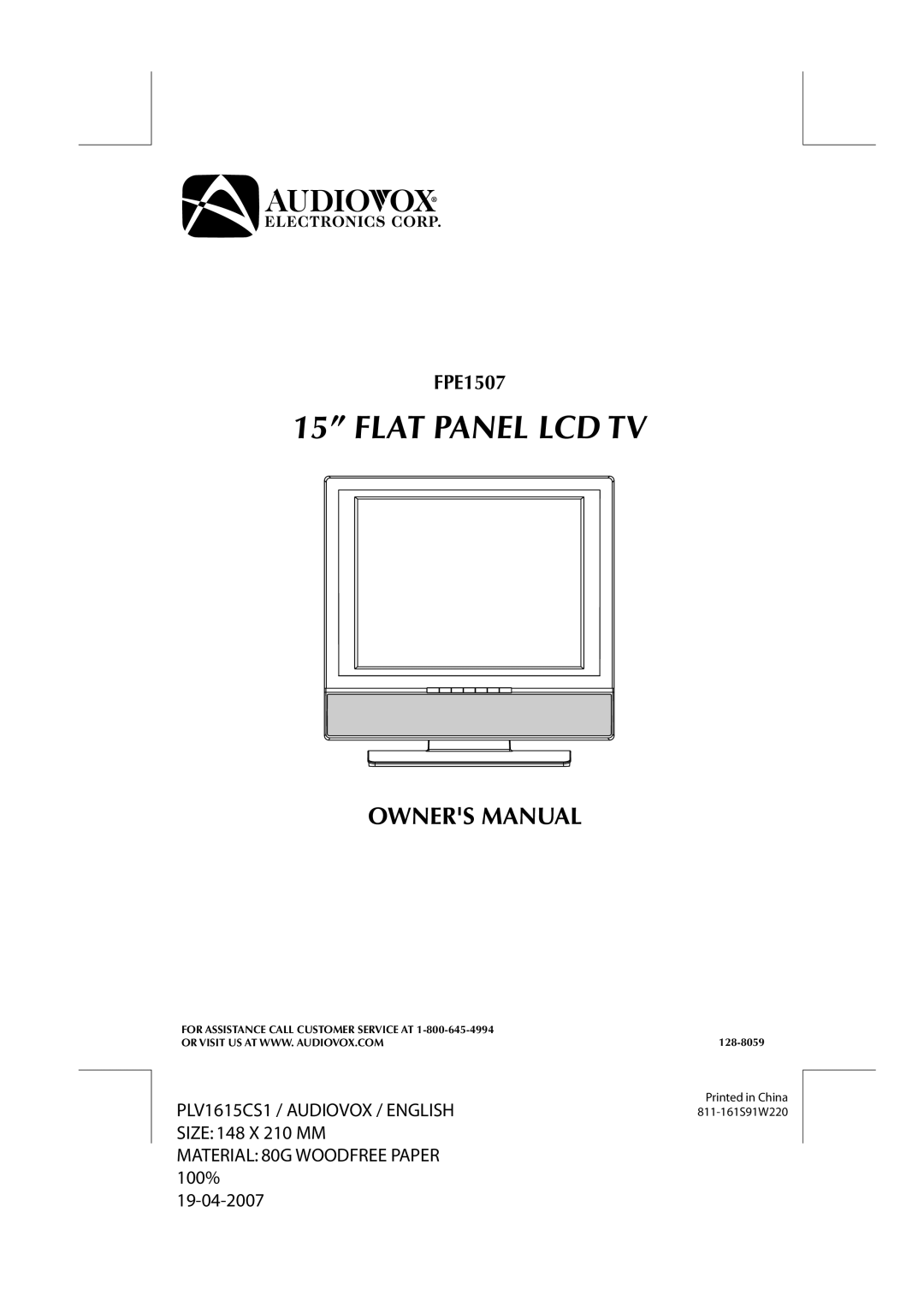 Audiovox FPE1507 manual Flat Panel LCD TV 