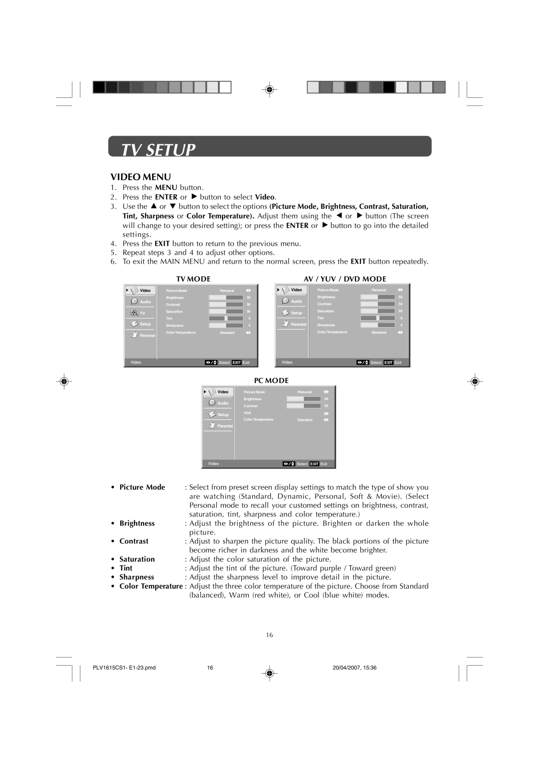 Audiovox FPE1507 manual TV Setup, Video Menu, TV Mode, AV / YUV / DVD Mode, PC Mode 