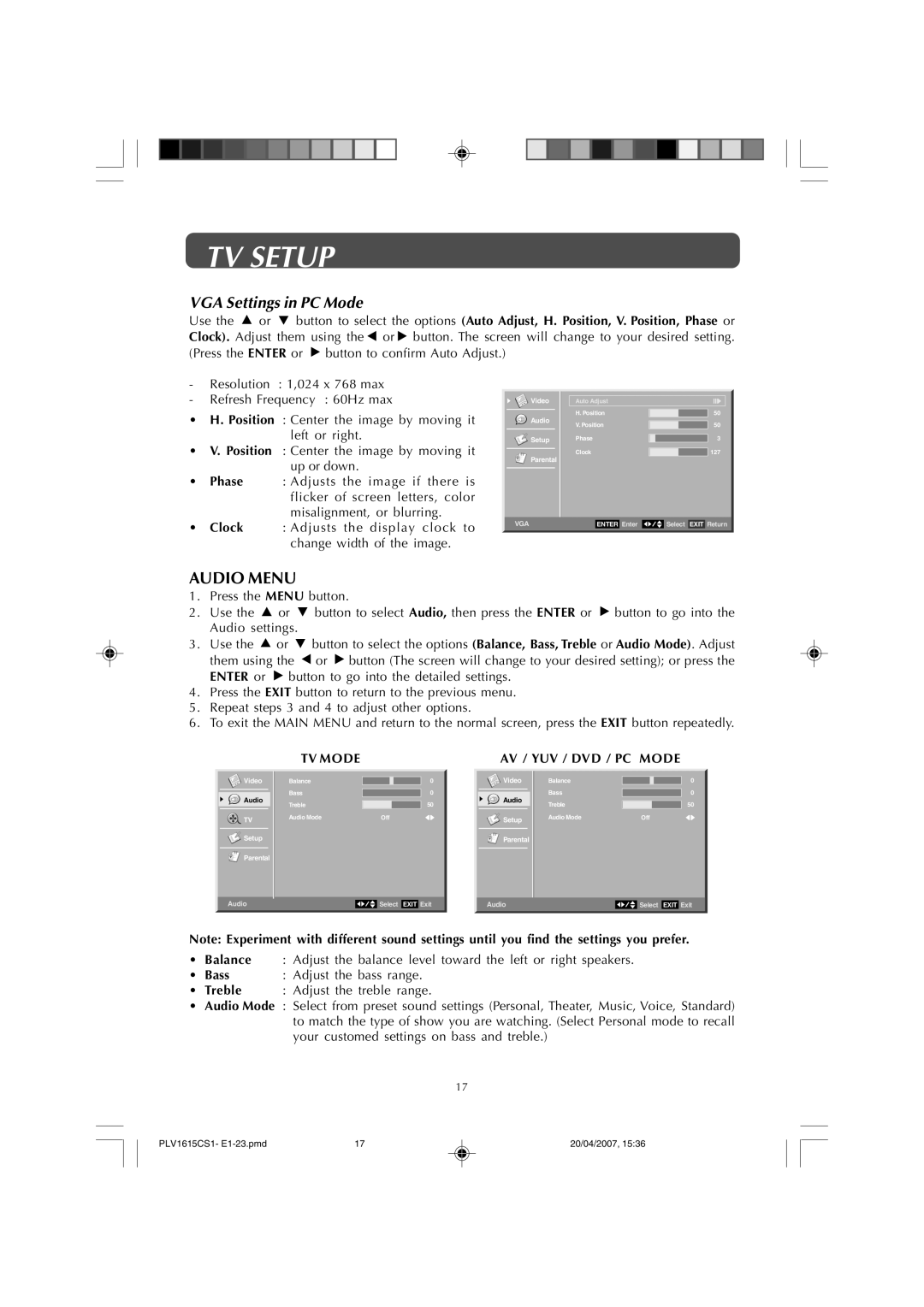 Audiovox FPE1507 manual Audio Menu, VGA Settings in PC Mode, AV / YUV / DVD / PC Mode 