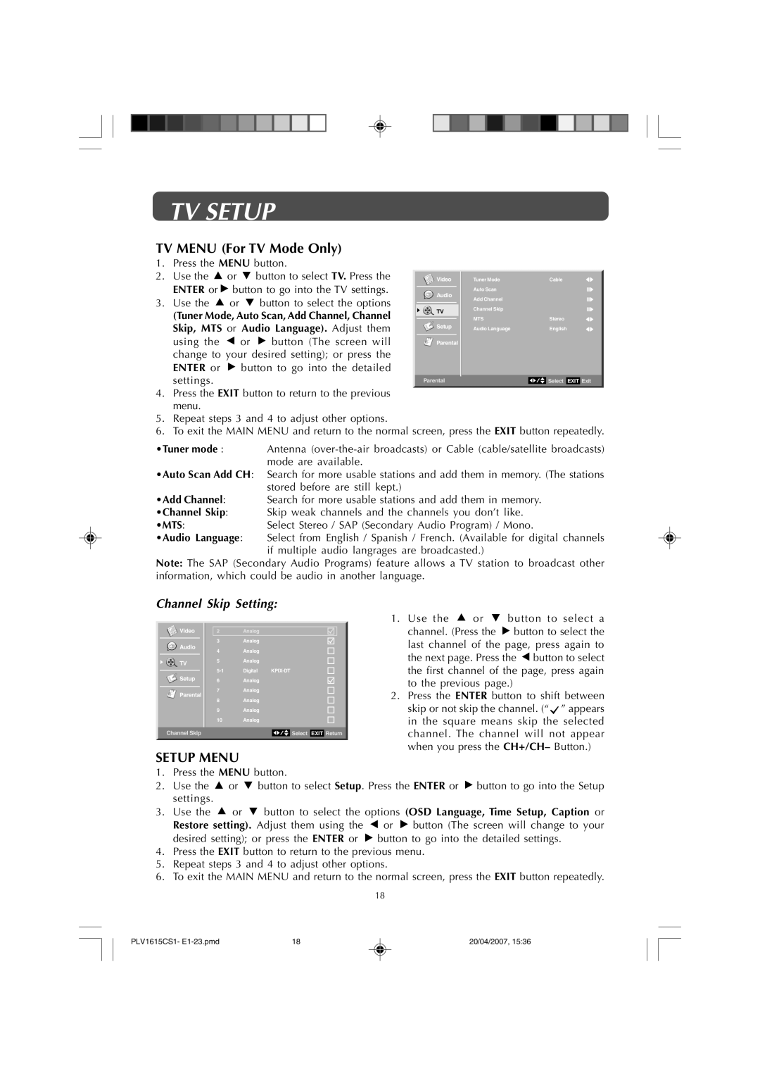 Audiovox FPE1507 manual Setup Menu, Channel Skip Setting, Skip, MTS or Audio Language. Adjust them, Enter or 