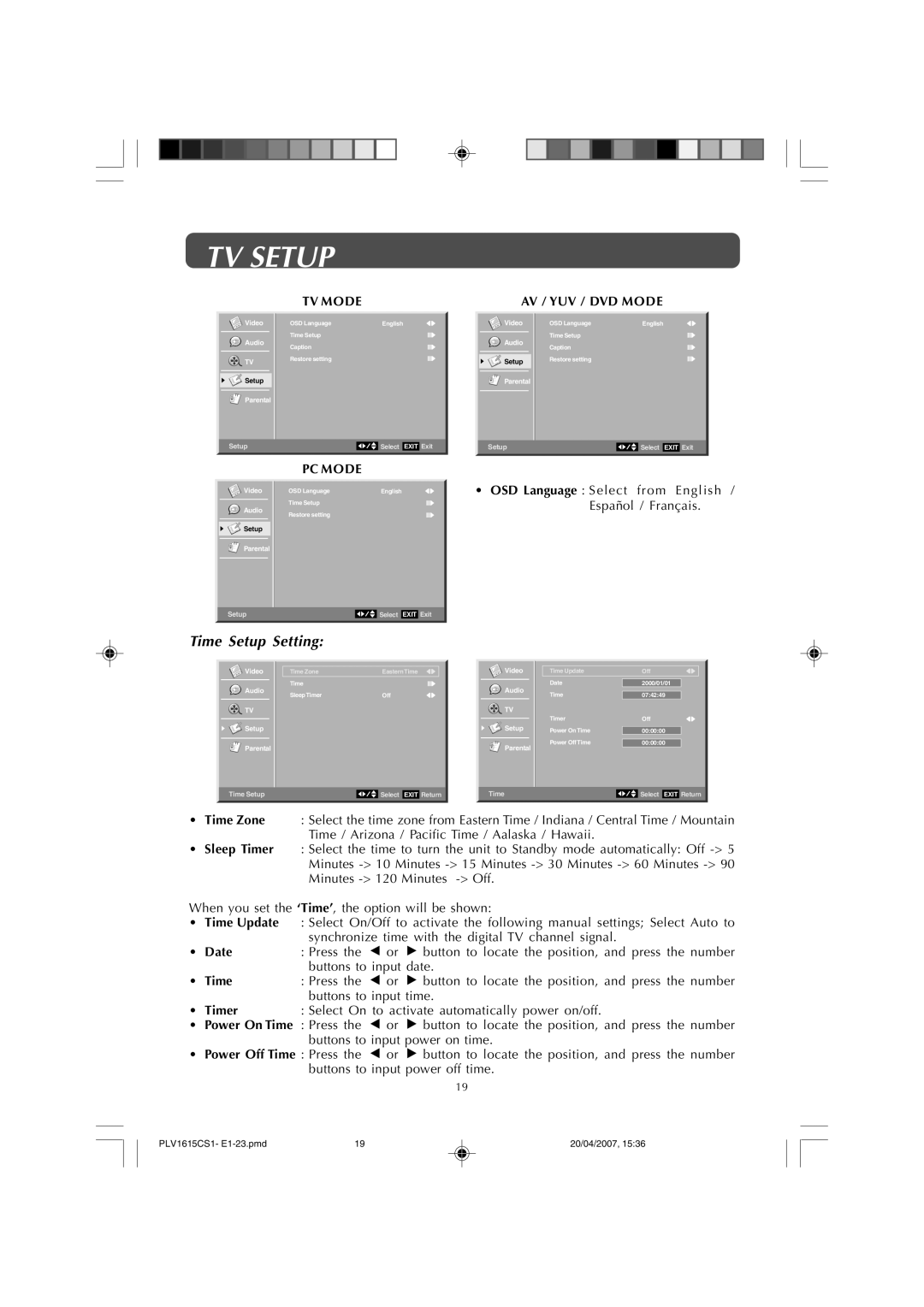 Audiovox FPE1507 manual Time Setup Setting, TV Mode AV / YUV / DVD Mode, Date 