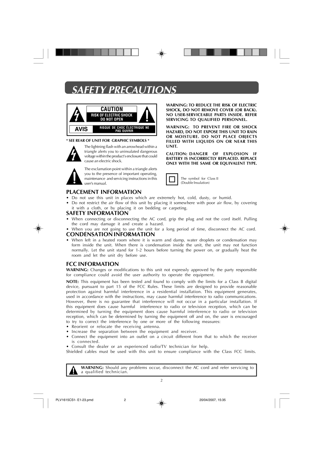 Audiovox FPE1507 Safety Precautions, Placement Information, Safety Information, Condensation Information, FCC Information 