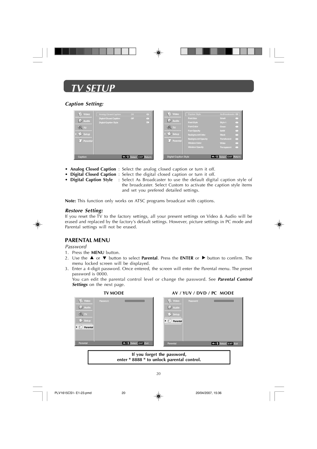 Audiovox FPE1507 manual Parental Menu, Caption Setting, Restore Setting 