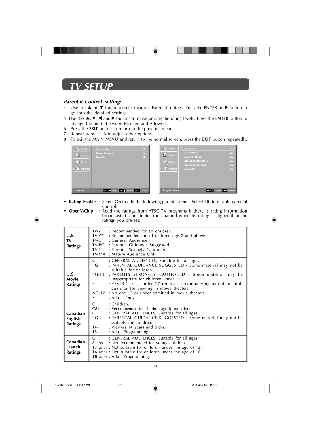 Audiovox FPE1507 manual Parental Control Setting 