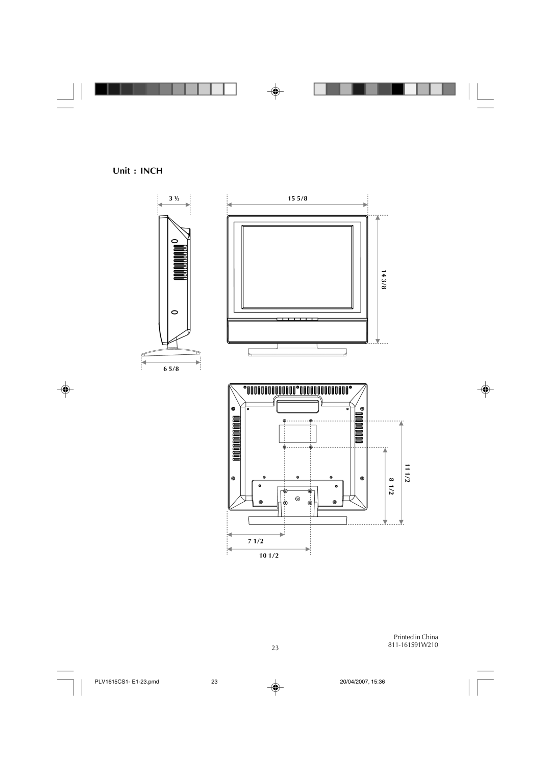 Audiovox FPE1507 manual Unit Inch 