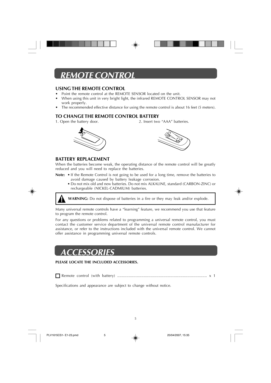 Audiovox FPE1507 Accessories, Using the Remote Control, To Change the Remote Control Battery, Battery Replacement 