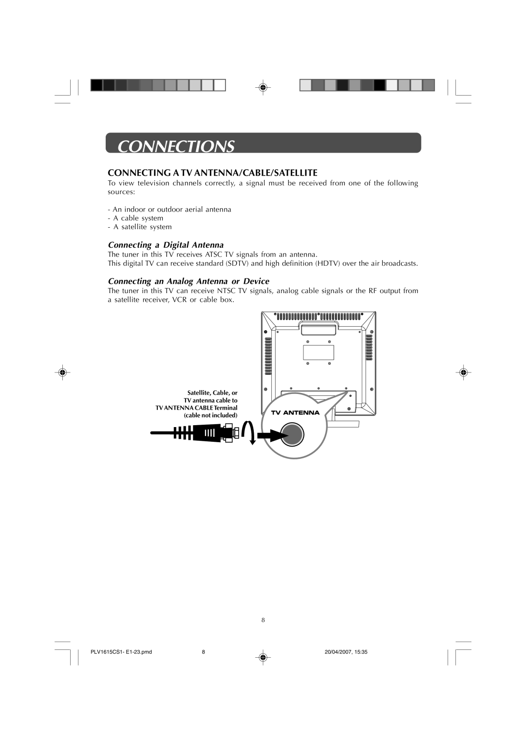 Audiovox FPE1507 manual Connections, Connecting a TV ANTENNA/CABLE/SATELLITE, Connecting a Digital Antenna 