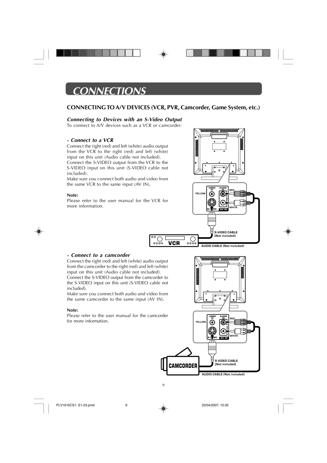 Audiovox FPE1507 manual Connecting to Devices with an S-Video Output, Connect to a VCR, Connect to a camcorder 