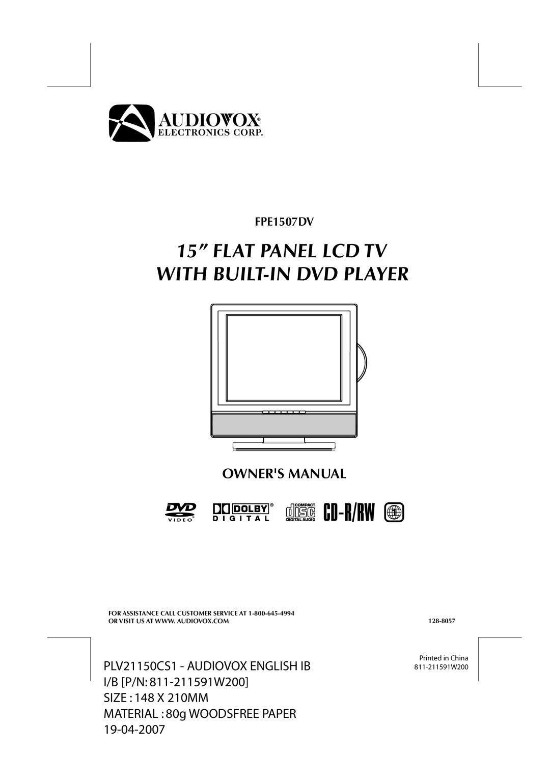 Audiovox FPE1507DV owner manual Flat Panel LCD TV with BUILT-IN DVD Player 