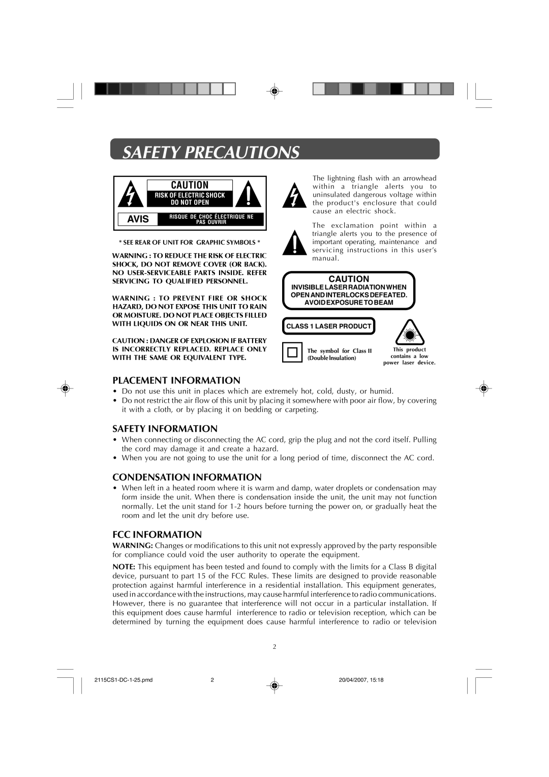 Audiovox FPE1507DV owner manual Safety Precautions, Placement Information, Safety Information, Condensation Information 