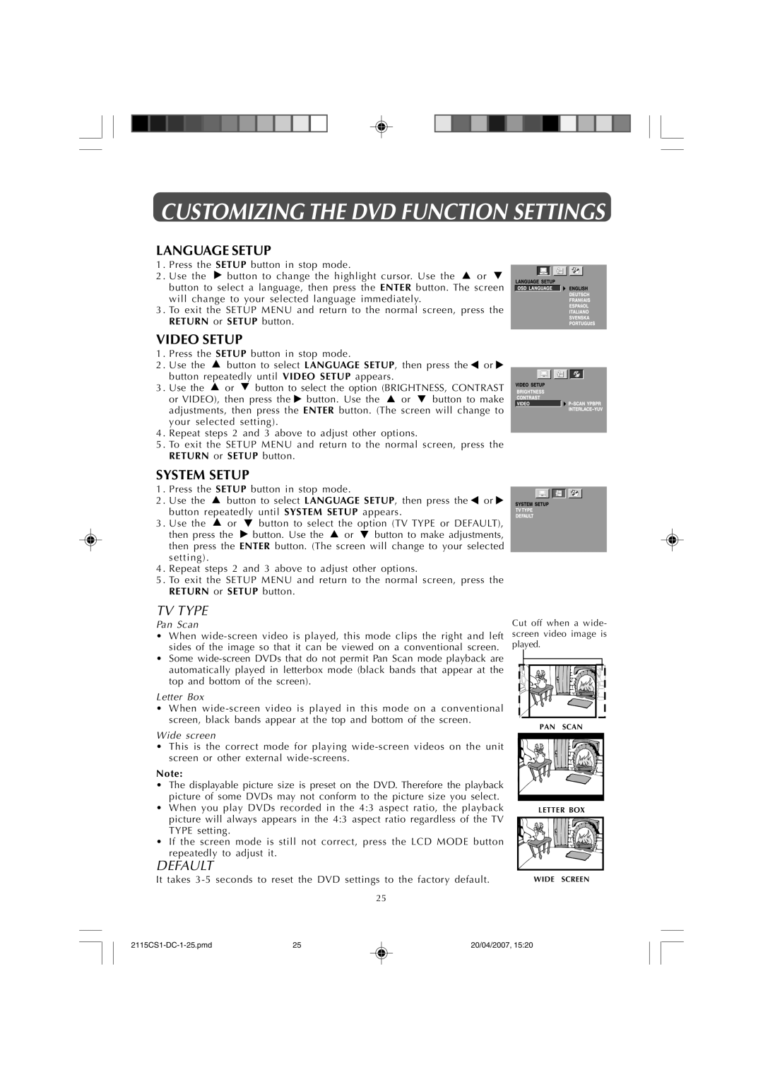 Audiovox FPE1507DV owner manual Language Setup, Video Setup, System Setup 