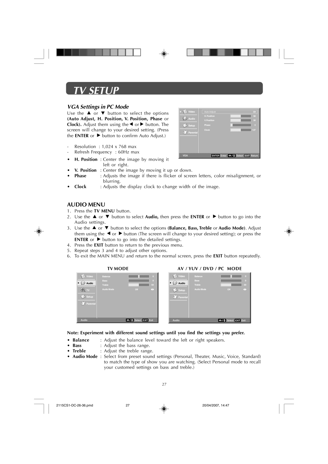 Audiovox FPE1507DV owner manual Audio Menu, VGA Settings in PC Mode, TV Mode, AV / YUV / DVD / PC Mode 