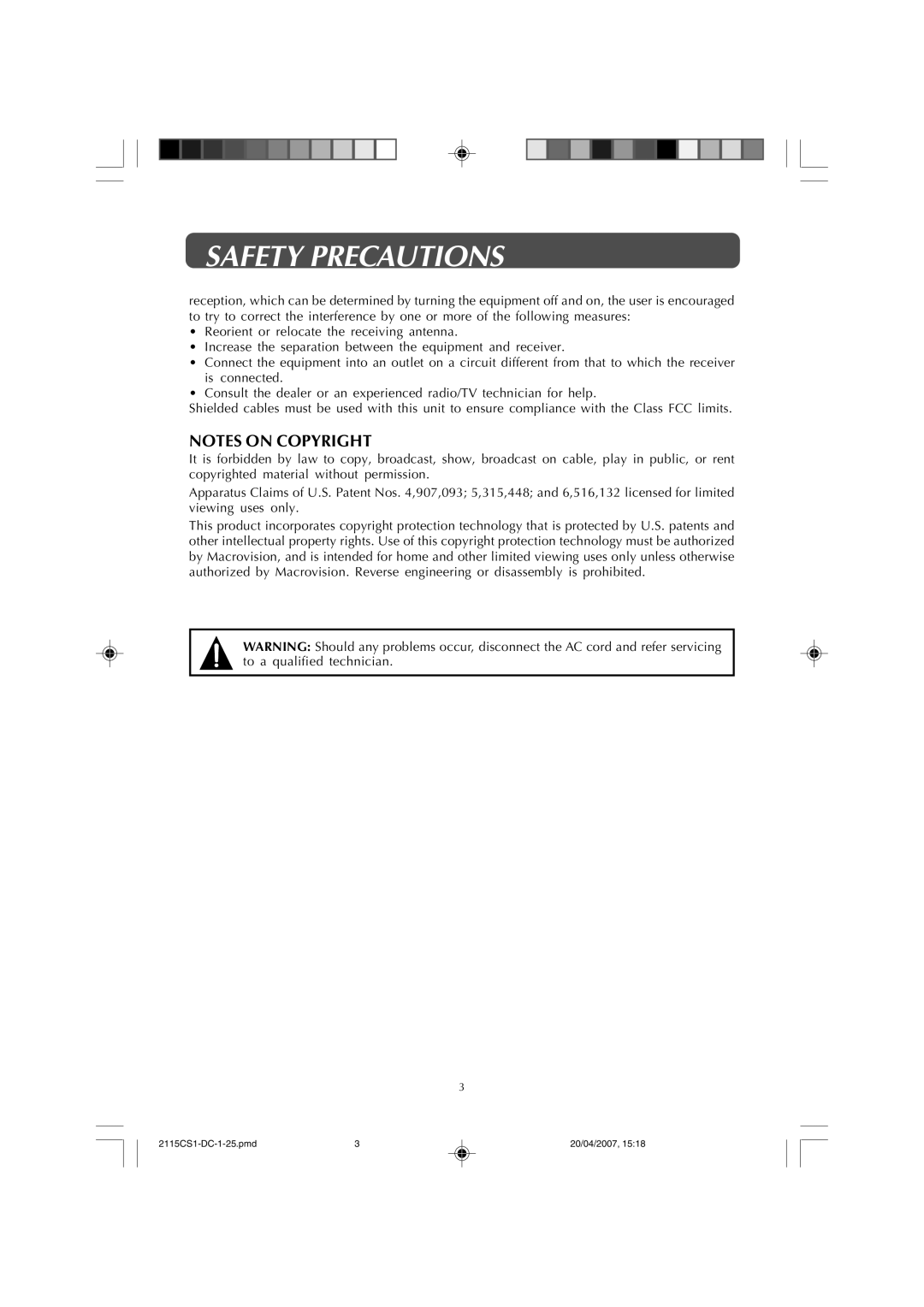 Audiovox FPE1507DV owner manual Safety Precautions 