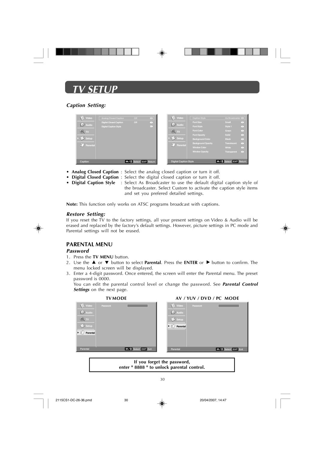 Audiovox FPE1507DV owner manual Parental Menu, Caption Setting, Restore Setting, Password 