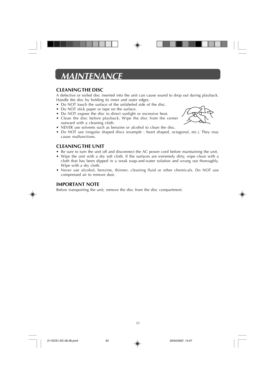 Audiovox FPE1507DV owner manual Maintenance, Cleaning the Disc, Cleaning the Unit, Important Note 