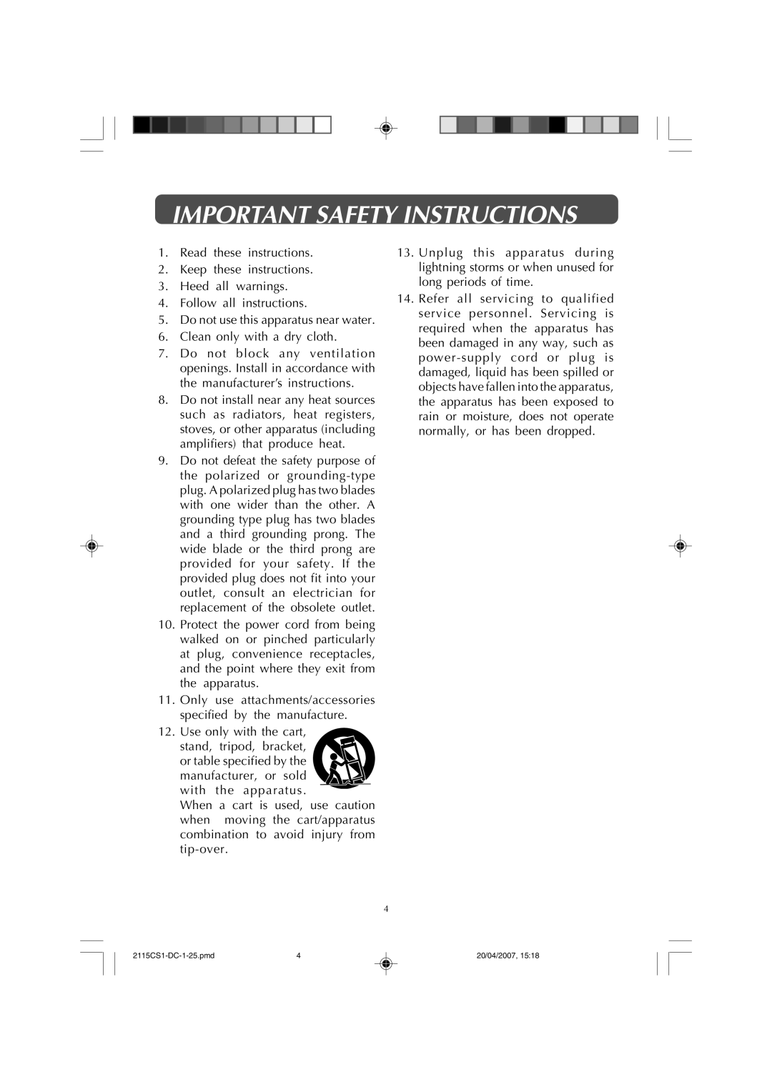 Audiovox FPE1507DV owner manual Important Safety Instructions 