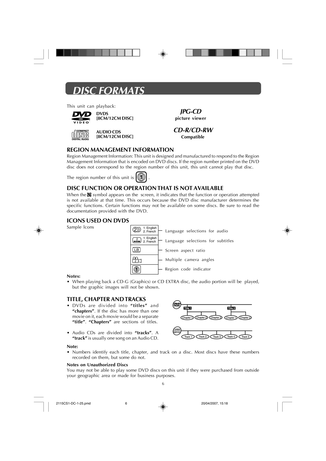 Audiovox FPE1507DV Disc Formats, Region Management Information, Disc Function or Operation That is not Available 