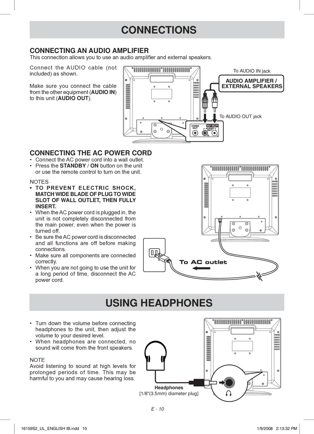 Audiovox FPE1508 manual Using Headphones, Connecting AN Audio Amplifier, Connecting the AC Power Cord, To AC outlet 