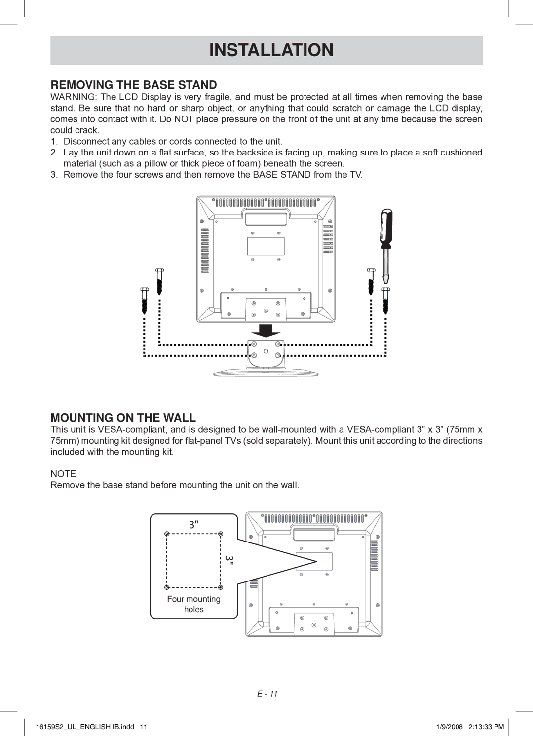 Audiovox FPE1508 manual Installation, Removing the Base Stand, Mounting on the Wall 