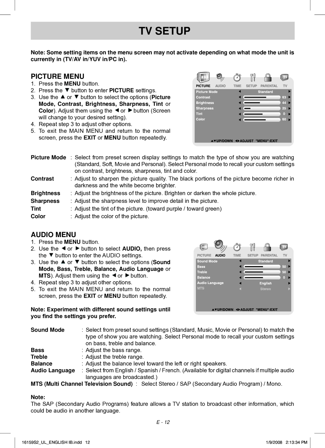 Audiovox FPE1508 manual TV Setup, Picture Menu, Audio Menu 