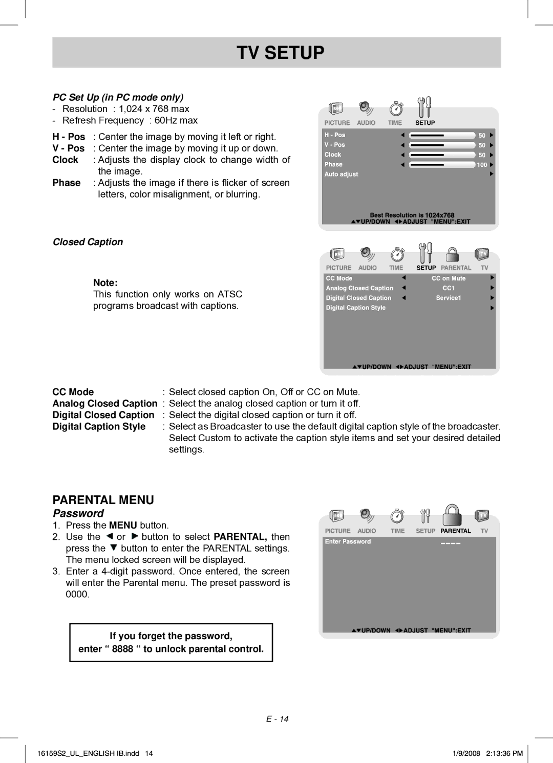 Audiovox FPE1508 manual Parental Menu, CC Mode, Digital Closed Caption, Digital Caption Style 