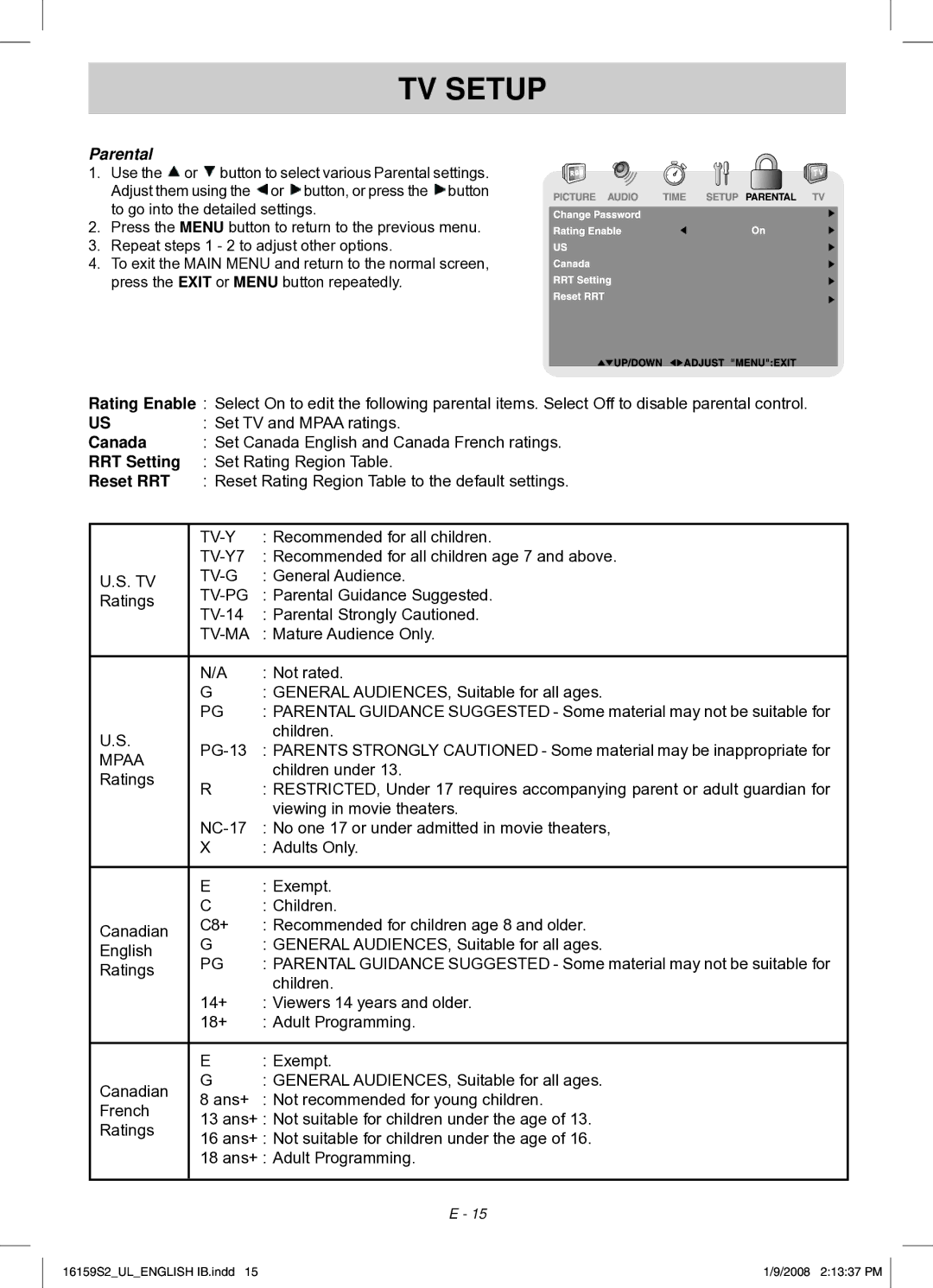 Audiovox FPE1508 manual Canada, RRT Setting, Reset RRT 