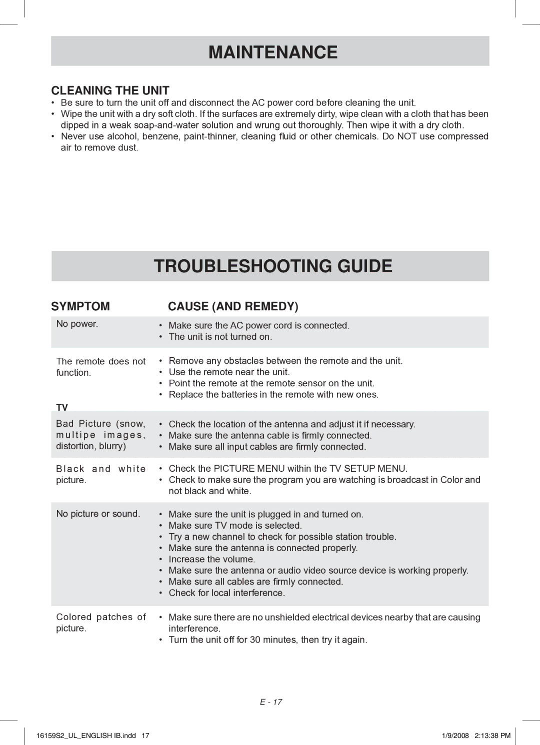 Audiovox FPE1508 manual Maintenance, Troubleshooting Guide, Cleaning the Unit, Symptom, Cause and Remedy 