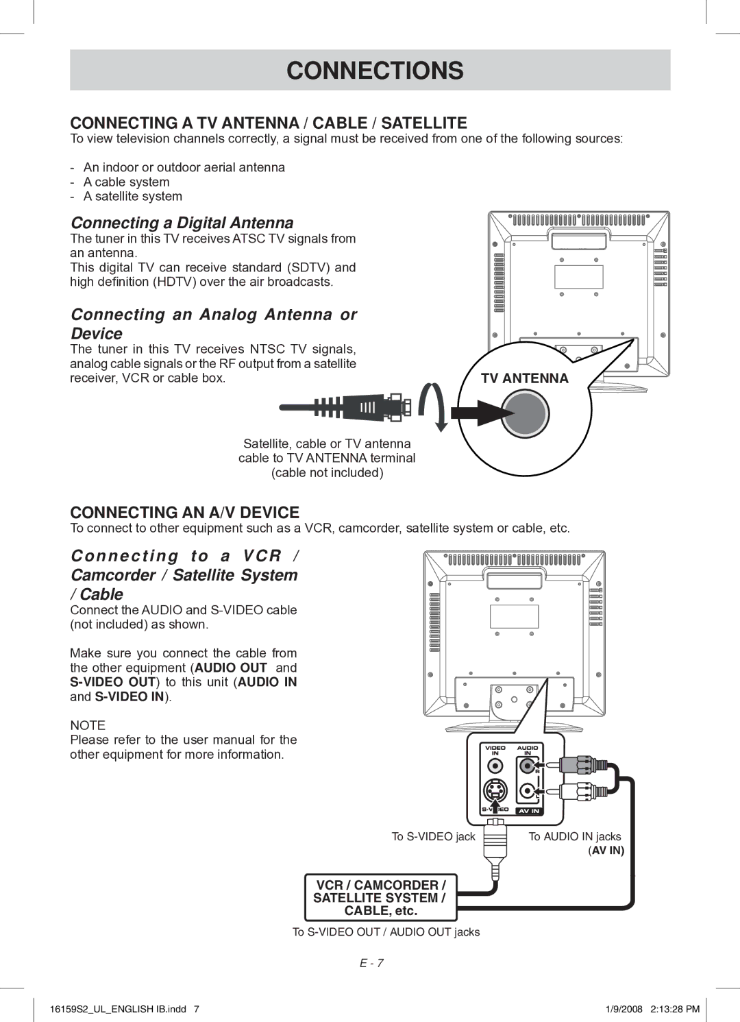 Audiovox FPE1508 manual Connections, Connecting a TV Antenna / Cable / Satellite, Connecting AN A/V Device 